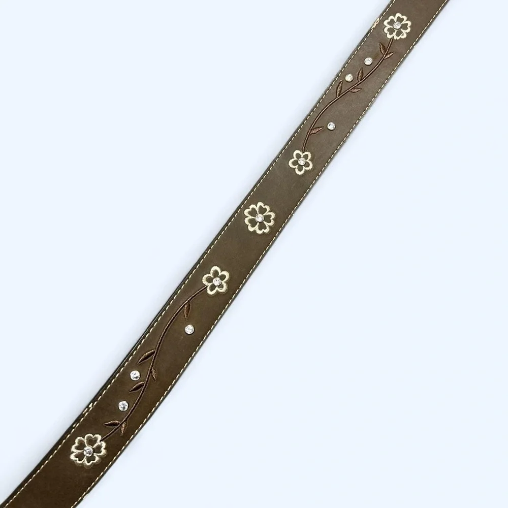 Ariat Brown Leather Floral Embroidered Belt w Large Silver Rhinestone Buckle